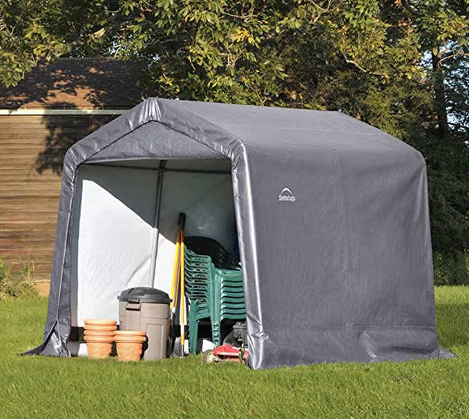 8' x 8' Shed-in-a-Box All Season Steel Metal Frame Peak Roof Outdoor Storage Shed with Waterproof Cover and Heavy Duty Reusable Auger Anchors, Grey