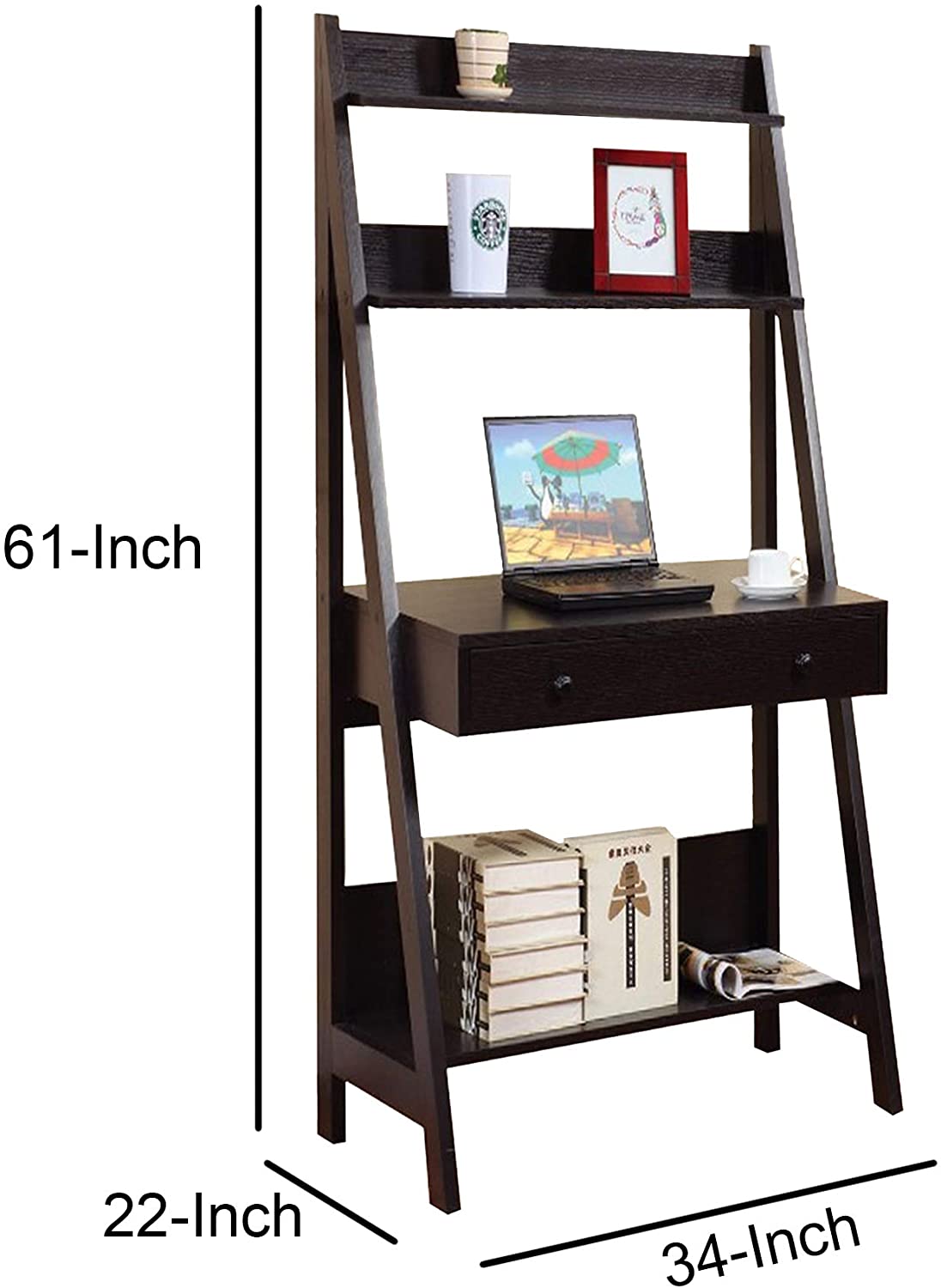 Benzara Contemporary Style Ladder Desk With 3 Open Shelves, Brown