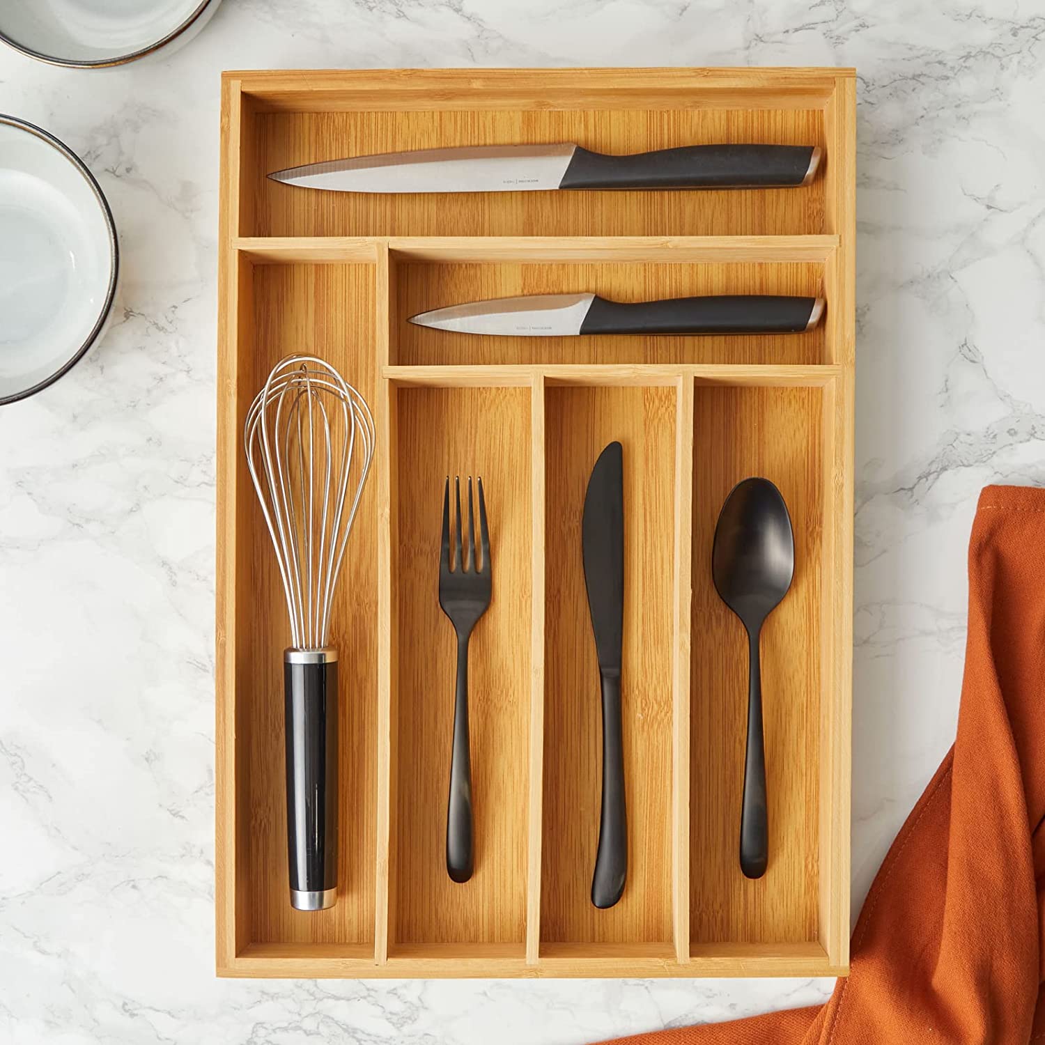 Bamboo Silverware Holder, 6-Compartment Utensil Drawer Organizer Tray for Kitchen, Cutlery (17 x 12 x 2 In)