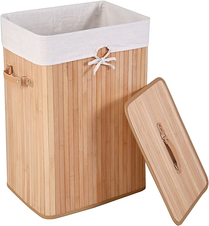 Bamboo Laundry Hamper Portable, Dirty Clothes Storage Basket with Lid and Removable Liner, Large Storage Clothes Bin with Handles, Suitable for Bedroom, Bathroom, Kid's Room (Natural)