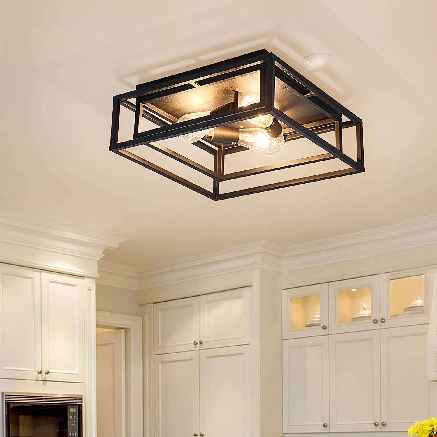 Black Flush Mount Ceiling Light Fixture，3-Light Industrial Metal Close to Ceiling Lights，Farmhouse Lighting for Hallway Bedroom Kitchen Dining Room