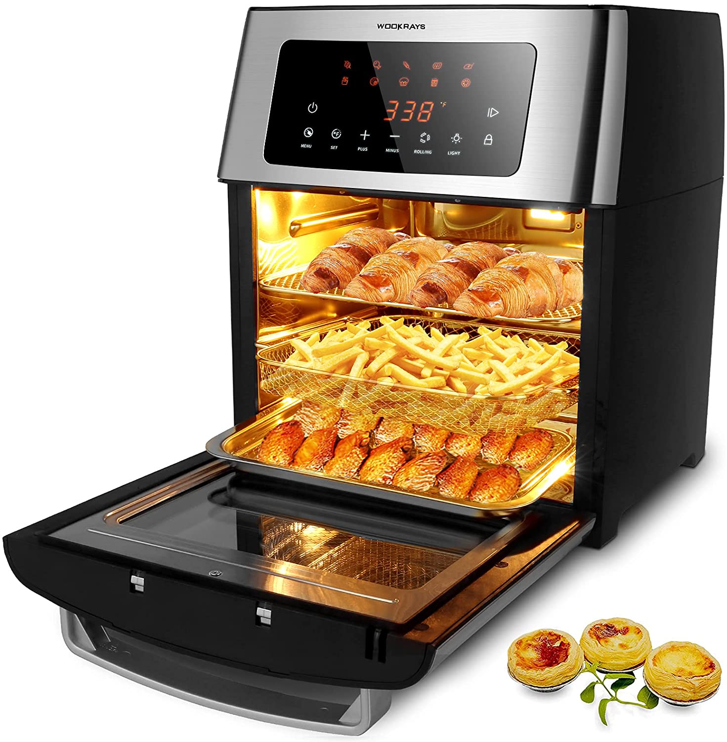 WOOKRAYS Air Fryer Oven, 10-in-1 Air Fryer Toaster Oven Oilless Cooker with Digital LCD Touch Screen 16QT Large Countertop Oven w/Rotisserie Dehydrator, Dishwasher-Safe (silver)