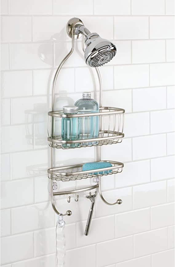 York Metal Wire Hanging Shower Caddy, Extra Wide Space for Shampoo, Conditioner, and Soap with Hooks for Razors, Towels, and More, 10" x 4" x 22", Satin