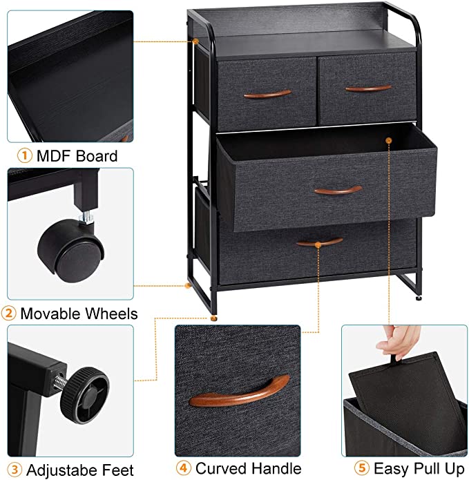 4 Drawer Dresser, Fabric Drawer Dresser Closet Dresser with Brown Wooden Handle, Sturdy Steel Frame, Wooden Top for Bedroom, Livingroom, Hallway, Entryway (Grey)