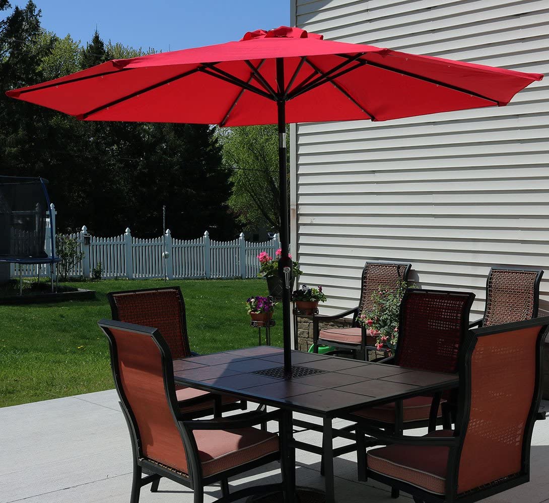 Sunnydaze Solar Outdoor Patio Umbrella with LED Lights, Tilt & Crank, Aluminum, 9 Foot, Red 7343