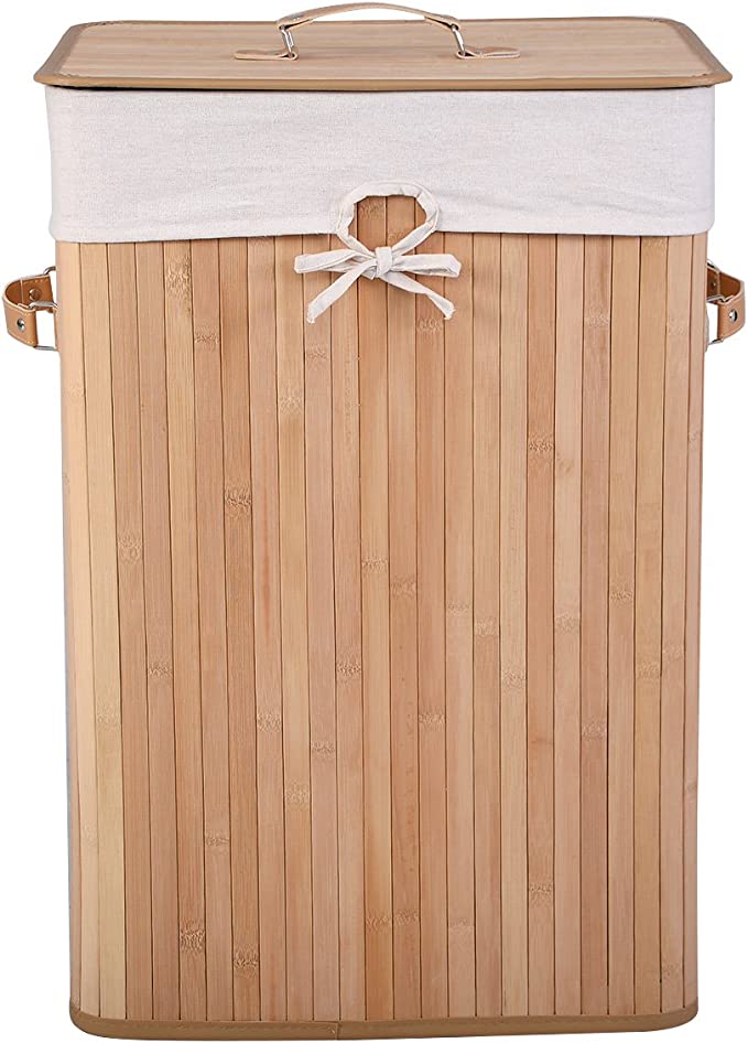 Bamboo Laundry Hamper Portable, Dirty Clothes Storage Basket with Lid and Removable Liner, Large Storage Clothes Bin with Handles, Suitable for Bedroom, Bathroom, Kid's Room (Natural)