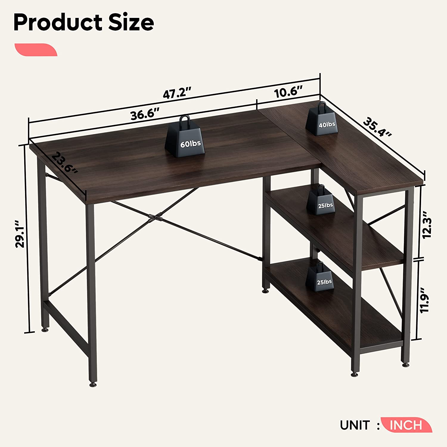 Bestier Small L Shaped Desk with Shelves 47 Inch Reversible Corner Computer Desk Writing Gaming Storage Table for Home Office Small Space, Brown