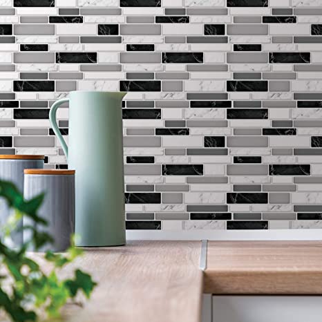 12 Sheets 12" x 6" Subway Tiles Peel and Stick Kitchen Backsplash 3D Wall Panel Stick on Backsplash Light and Dark Marble