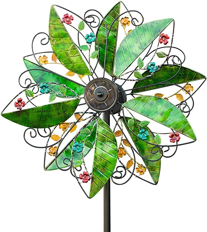 75-Inch High, 24-Inch Diameter Dual Independently-Turning Rotor Metal Leaf and Flower Wind Spinner with Patented Solar Light Technology, 22" Dia. x 10¼"D x 75" H