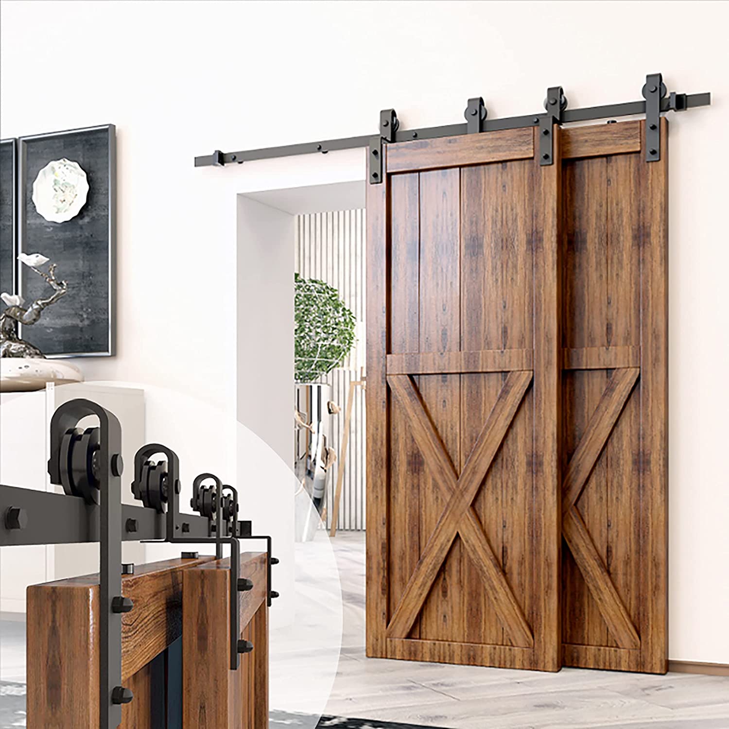 Black Rustic Track Bypass Sliding Barn Door Hardware Kit, for Two/Double Doors, 8ft Long Flat Track, Classic Design Roller, (Set of 2)