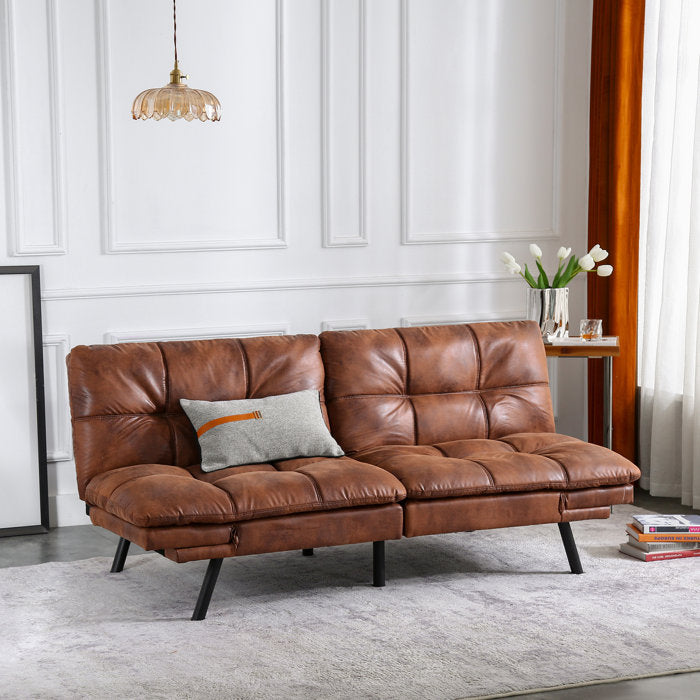 71'' Wide Adjustable Arms Tufted Back Convertible Faux Leather Twin Size Sofa