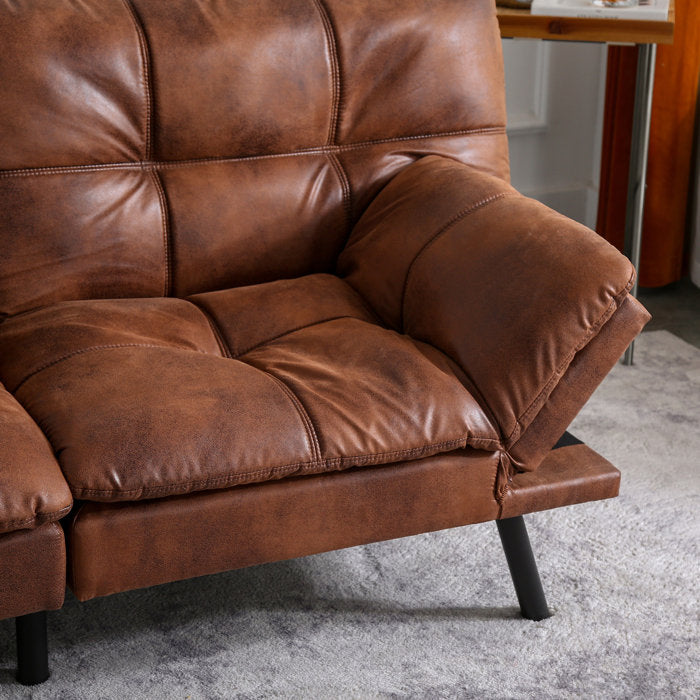 71'' Wide Adjustable Arms Tufted Back Convertible Faux Leather Twin Size Sofa