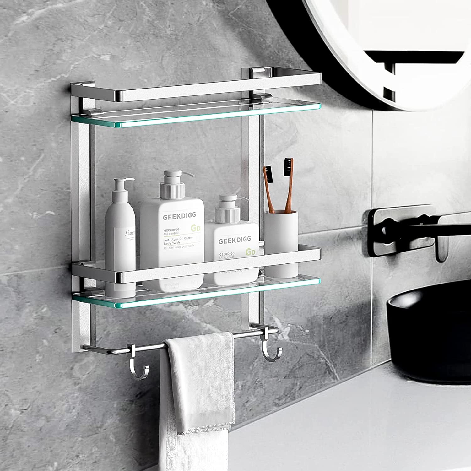 bathroom glass shelf with towel bar, 2 tier wall mounted tempered glass shower storage organizer with 8MM extra thick, 15.2 by 5 inches - Not Brushed Nickel