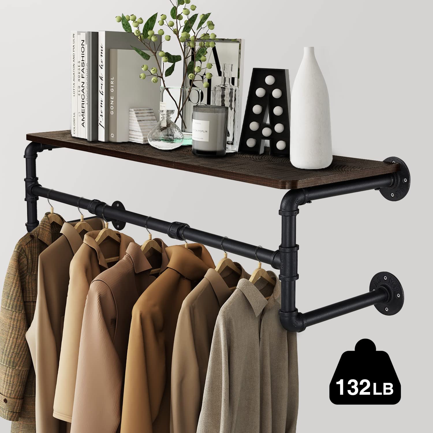 Industrial Clothes Rack, Wall-Mounted Closet Rod, Space-Saving