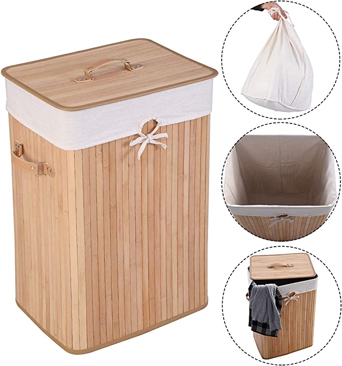 Bamboo Laundry Hamper Portable, Dirty Clothes Storage Basket with Lid and Removable Liner, Large Storage Clothes Bin with Handles, Suitable for Bedroom, Bathroom, Kid's Room (Natural)