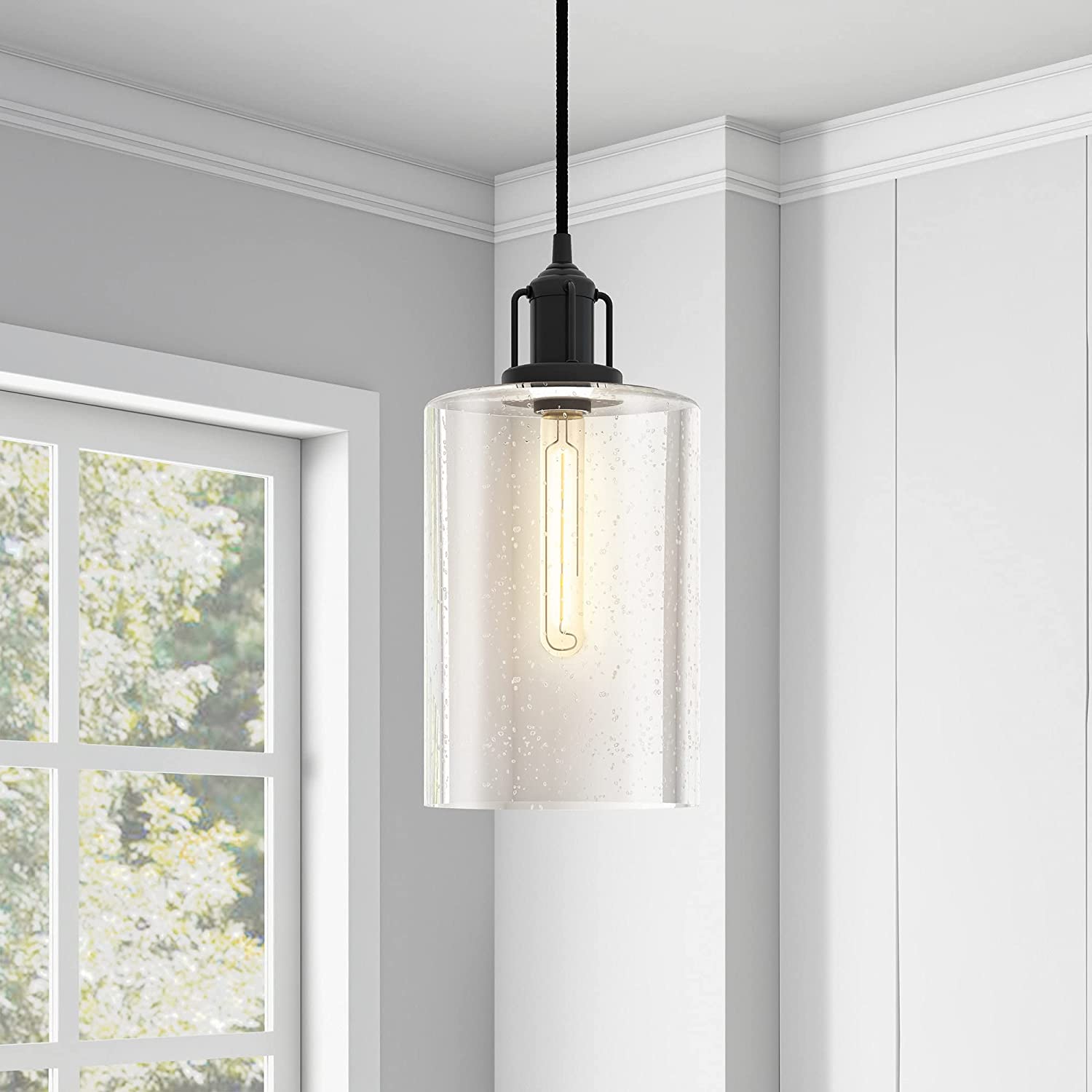 Henn&Hart 7.87" Wide Pendant with Glass Shade in Blackened Bronze/Seeded