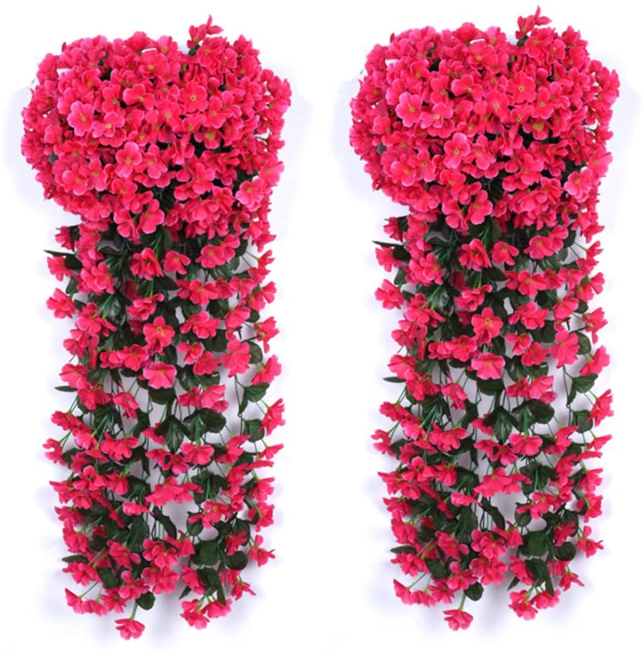 2 Pack Artificial Hanging Flowers Plants, Silk Hanging Basket Lifelike Garland for Home Wedding Garden/Yard String Floral Decoration (Rose Red)