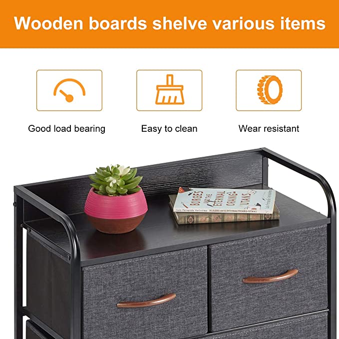 4 Drawer Dresser, Fabric Drawer Dresser Closet Dresser with Brown Wooden Handle, Sturdy Steel Frame, Wooden Top for Bedroom, Livingroom, Hallway, Entryway (Grey)