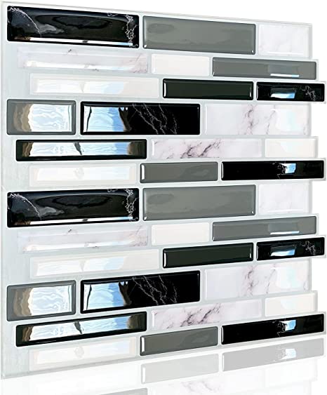 12 Sheets 12" x 6" Subway Tiles Peel and Stick Kitchen Backsplash 3D Wall Panel Stick on Backsplash Light and Dark Marble