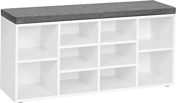 Bench, Storage Bench, Shoe Rack Bench, Shoe Shelf, Storage Cabinet, 10 Compartments, with Cushion, for Entryway, 11.8 x 40.9 x 18.9 Inches, White and Gray