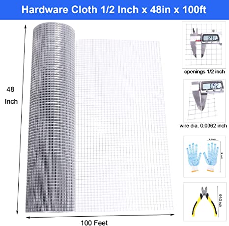 48x100 Hardware Cloth 1/2 Inch 19Ga,Chicken Coop Wire,Hot Dipped Galvanized Wire Mesh Roll, Chicken Wire Fence Rolls, Welded Wire Fencing, Chicken Wire Fencing, Concrete Wire Mesh , rabbit wire