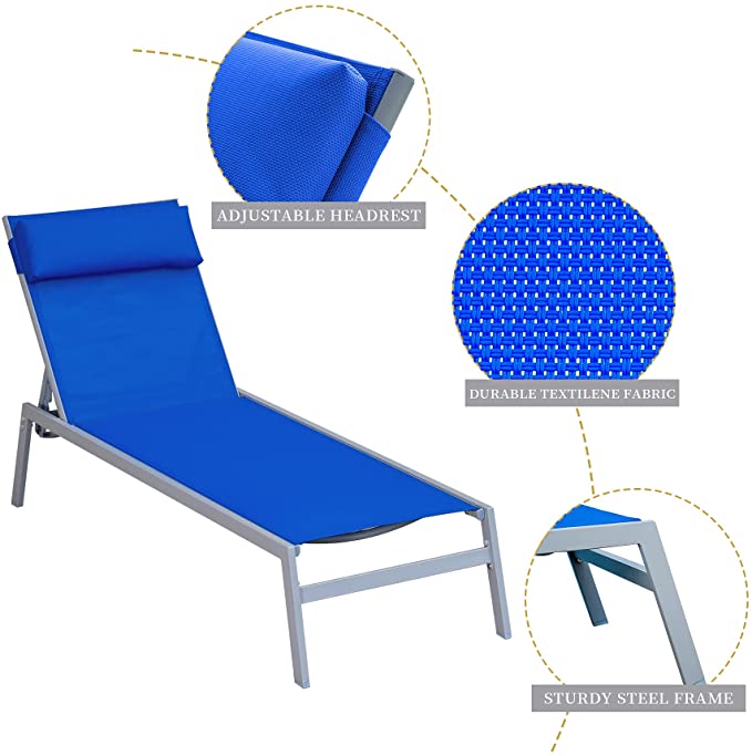 3 Pieces Adjustable Chaise Lounge Set Outdoor Patio Lounge Chair All Weather Five-Position Recliner Chair Set w/Coffee Table for Patio, Pool, Yard (Blue)