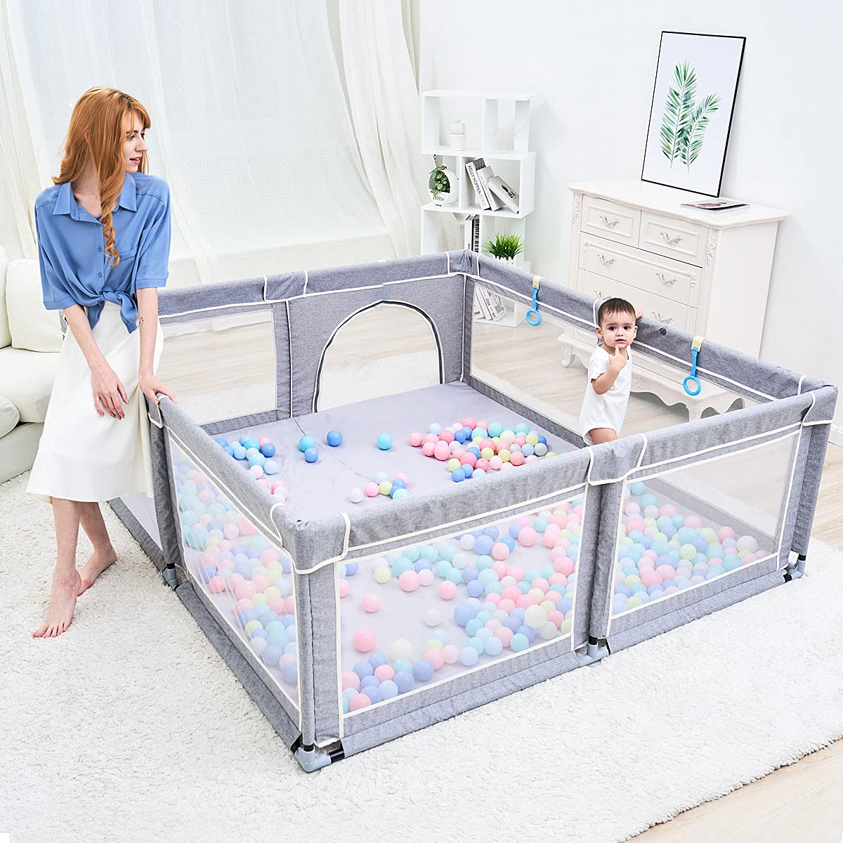 Baby Playpen,Playpens for Babies, Extra Large Playpen for Toddlers,Kids Safety Play Center Yard with gate, Sturdy Safety Baby Fence Play Area for Babies, Toddler, Infants (No Filler at The Bottom）