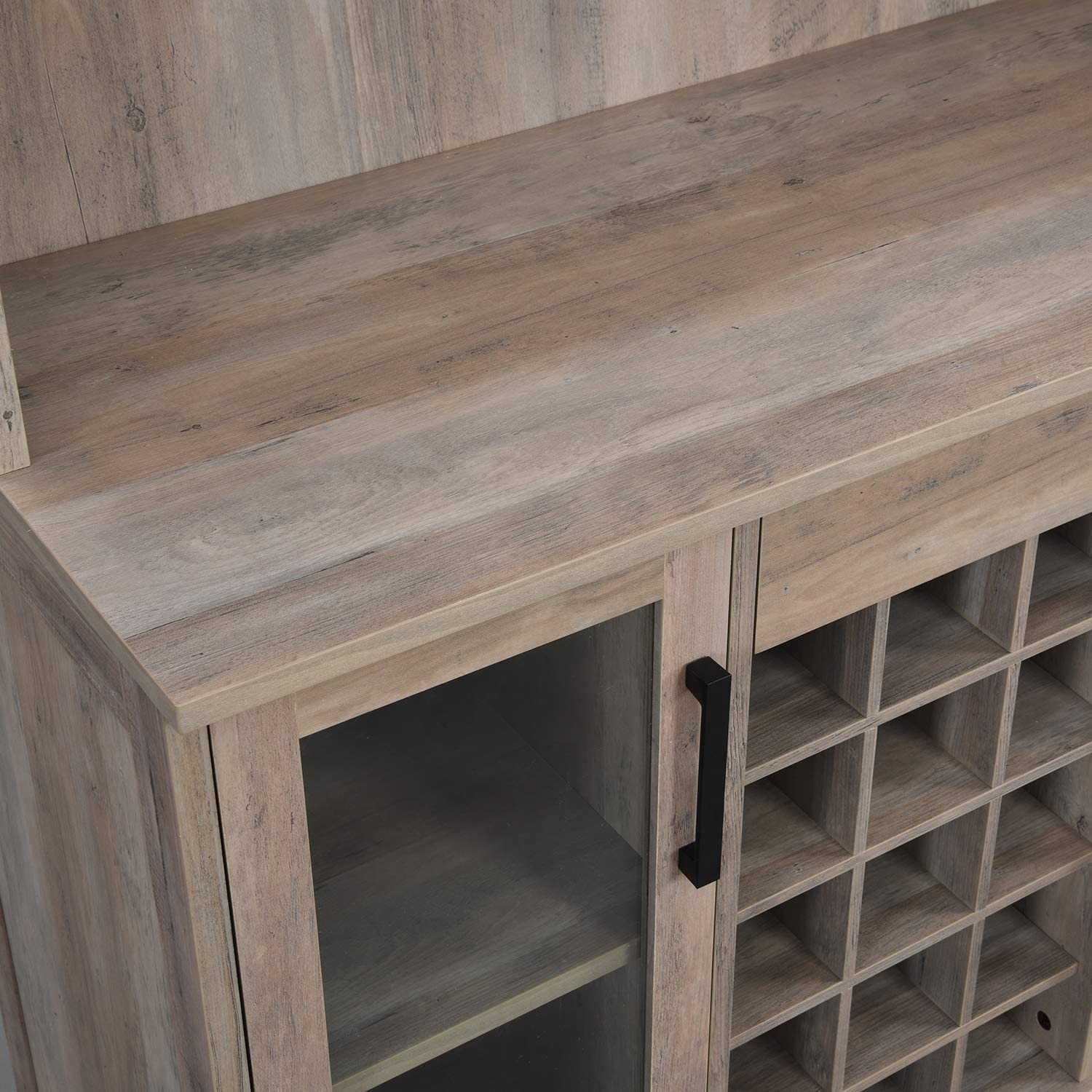 Bar Cabinet with Wine Rack and Glass Doors in Grey Wash Finish