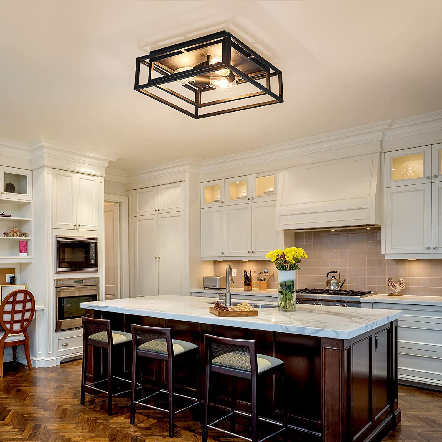 Black Flush Mount Ceiling Light Fixture，3-Light Industrial Metal Close to Ceiling Lights，Farmhouse Lighting for Hallway Bedroom Kitchen Dining Room