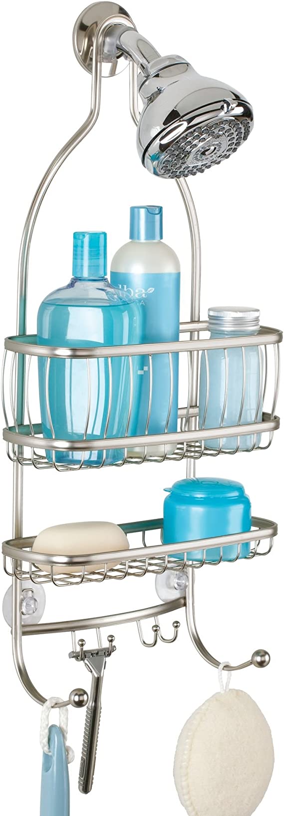 York Metal Wire Hanging Shower Caddy, Extra Wide Space for Shampoo, Conditioner, and Soap with Hooks for Razors, Towels, and More, 10" x 4" x 22", Satin