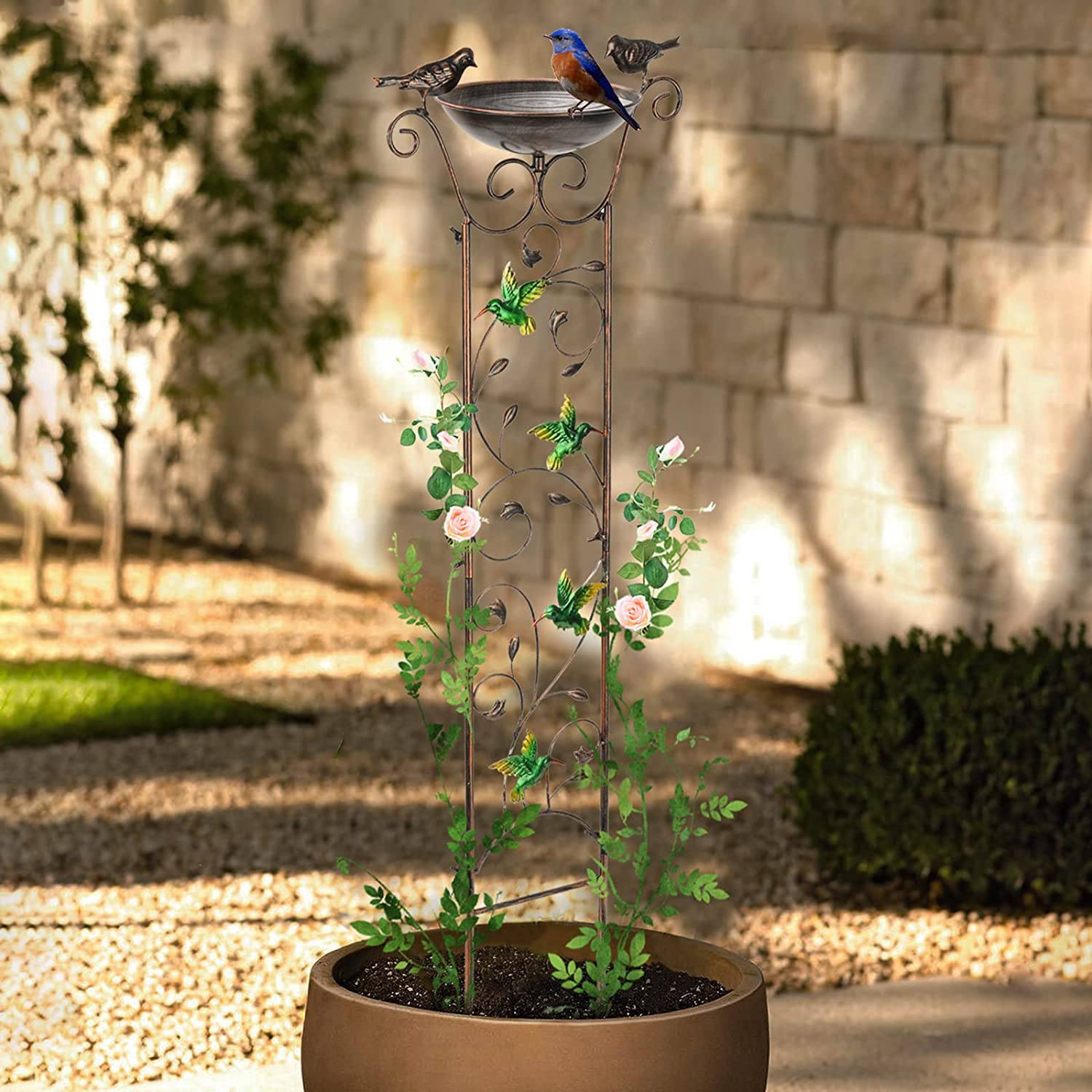 Bird Bath with Trellis Outdoor, Antique Garden Iron Plant Trellis with Decorative Hummingbirds Detachable Bird Bath Bowl Metal Potted Plant Support for Climbing Flowers