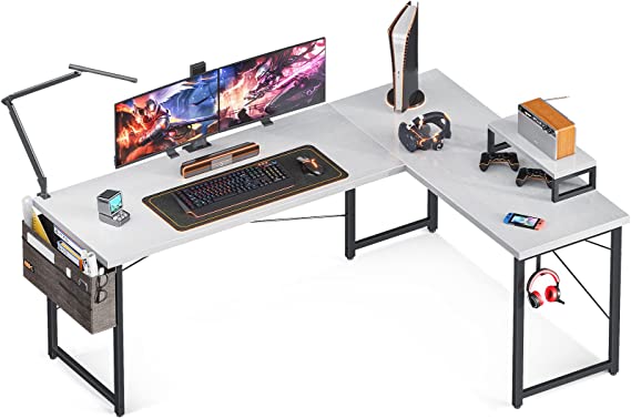 66" Computer Corner Desk, Gaming Desk, Home Office Writing Desk with Monitor Shelf, Space-Saving Workstation Desk, Modern Simple Wooden Desk, Easy to Assemble, White