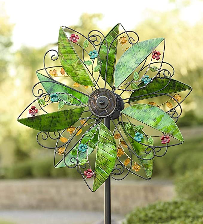 75-Inch High, 24-Inch Diameter Dual Independently-Turning Rotor Metal Leaf and Flower Wind Spinner with Patented Solar Light Technology, 22" Dia. x 10¼"D x 75" H