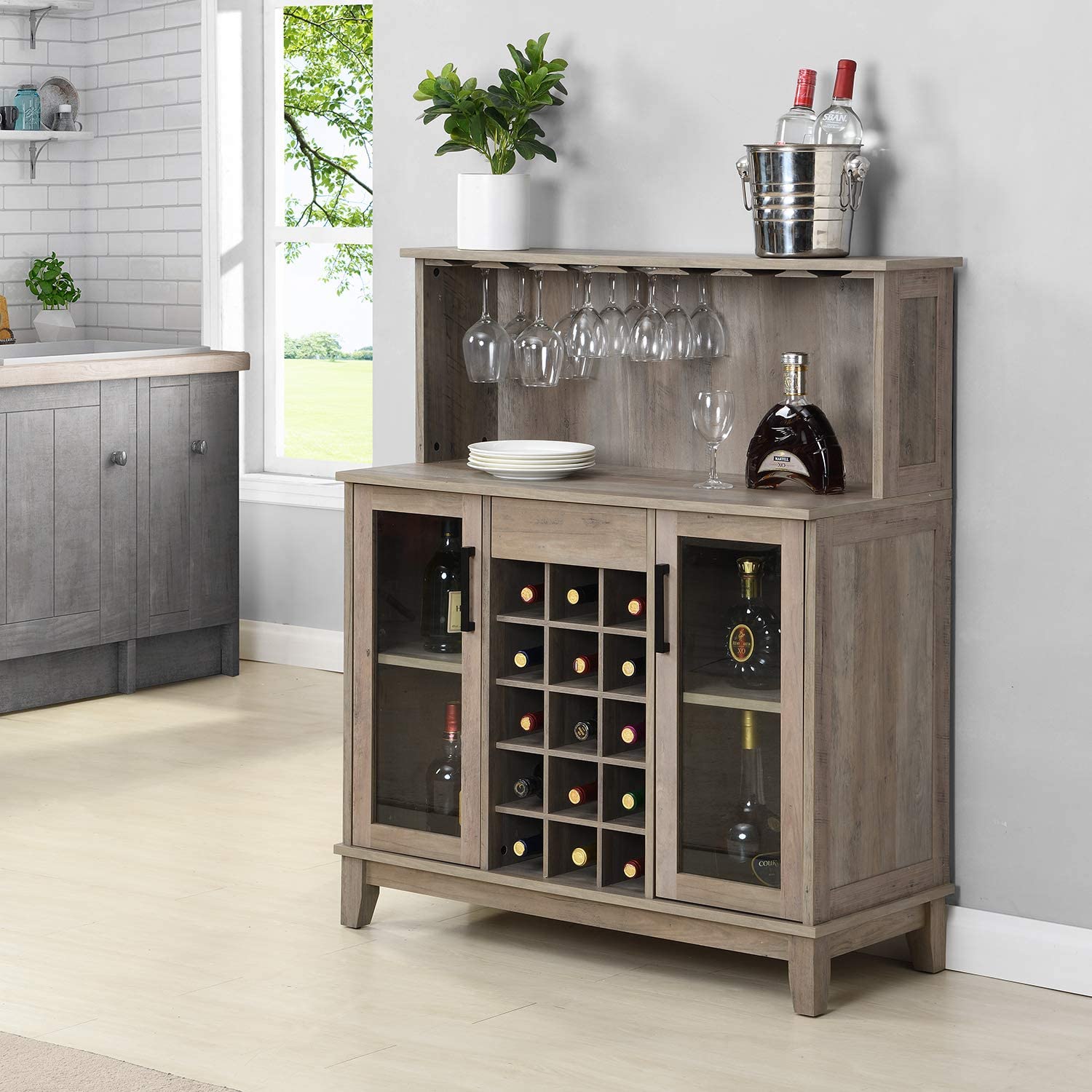 Bar Cabinet with Wine Rack and Glass Doors in Grey Wash Finish