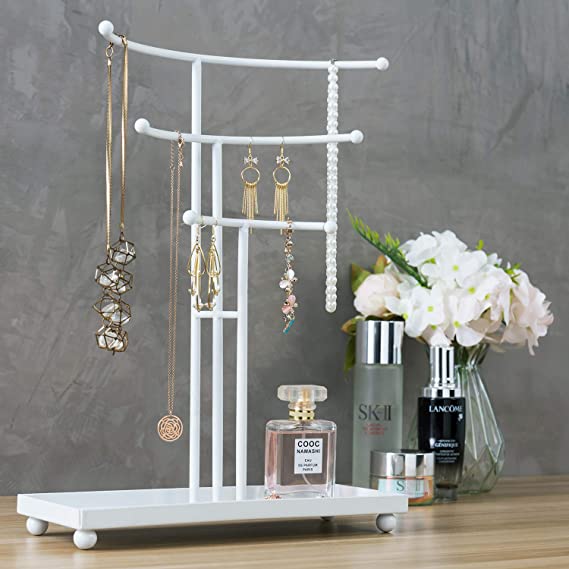 11.25"D x 14.75"W x 4.75"H Necklace Jewelry Organizer, 3-TierCurved Metal Tabletop T-Bar Jewelry Organizer Display Necklace Hanger Stand with Ring Tray Base