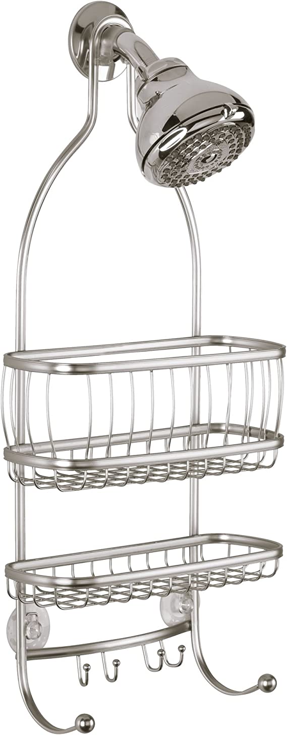 York Metal Wire Hanging Shower Caddy, Extra Wide Space for Shampoo, Conditioner, and Soap with Hooks for Razors, Towels, and More, 10" x 4" x 22", Satin