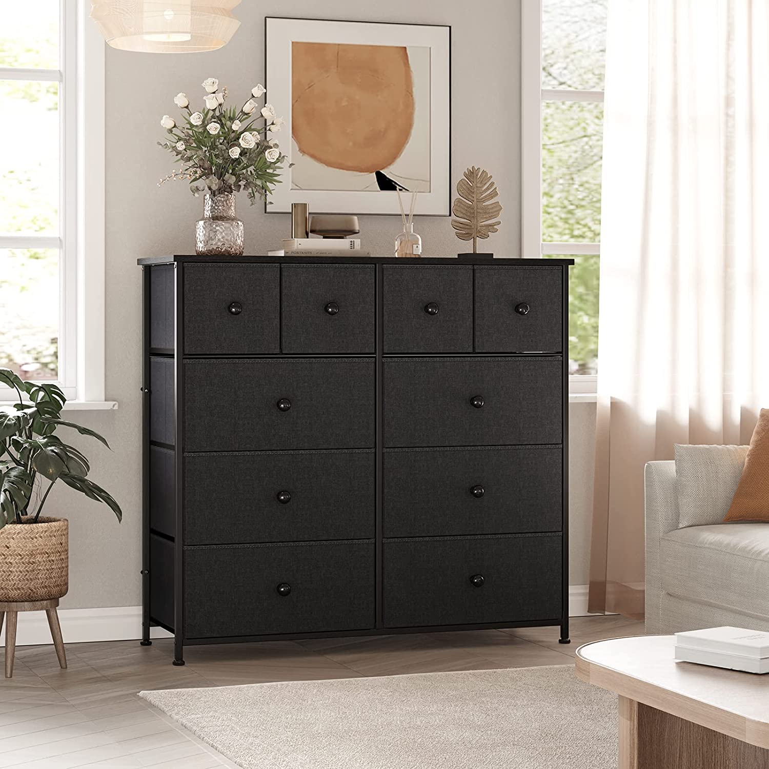 10 Drawer Dresser for Bedroom Fabric Storage Tower Wide Black Dresser with Wood Top Sturdy Steel Frame Storage Organizer Unit for Living Room Hallway Entryway Closets Nursery (Black Grey)