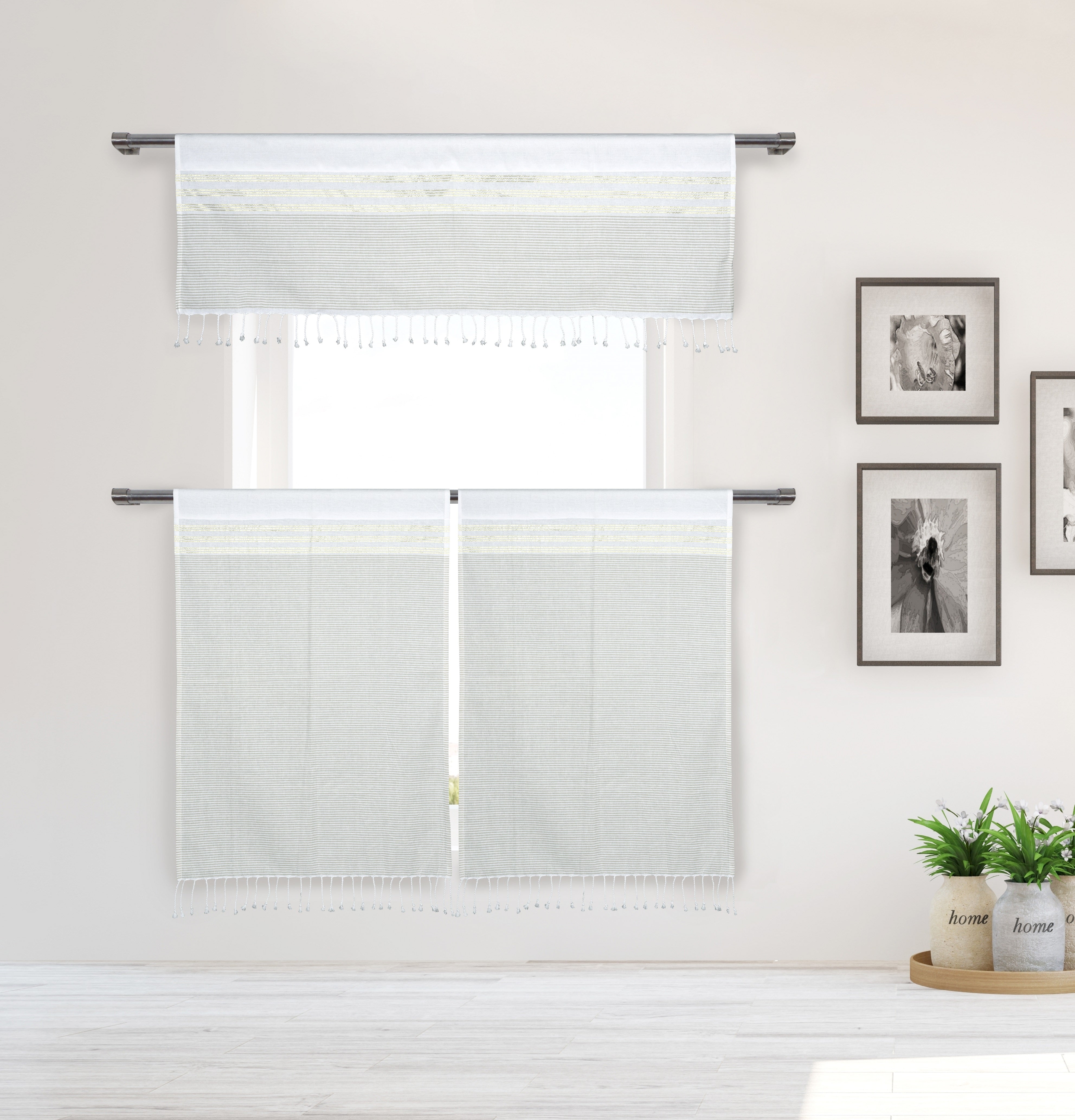 3-Piece Marguerite Kitchen Curtain Set 58 in. W x 15 in. L in White-Linen LC632
