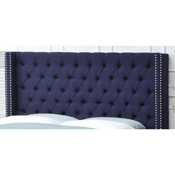 (AS IS) Meridian Furniture Ashton Queen Size Headboard in Navy Chrome Nailheads Contemporary (HEADBOARD ONLY)