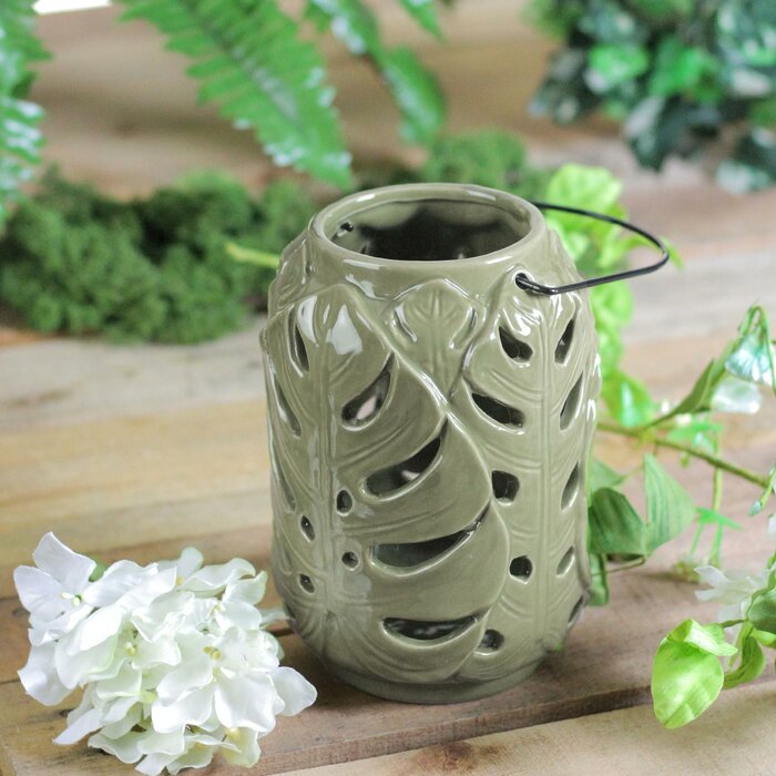 7" Elegant Moss Green Cutout Leaf Ceramic Candle Holder Lantern, (Set of 2)