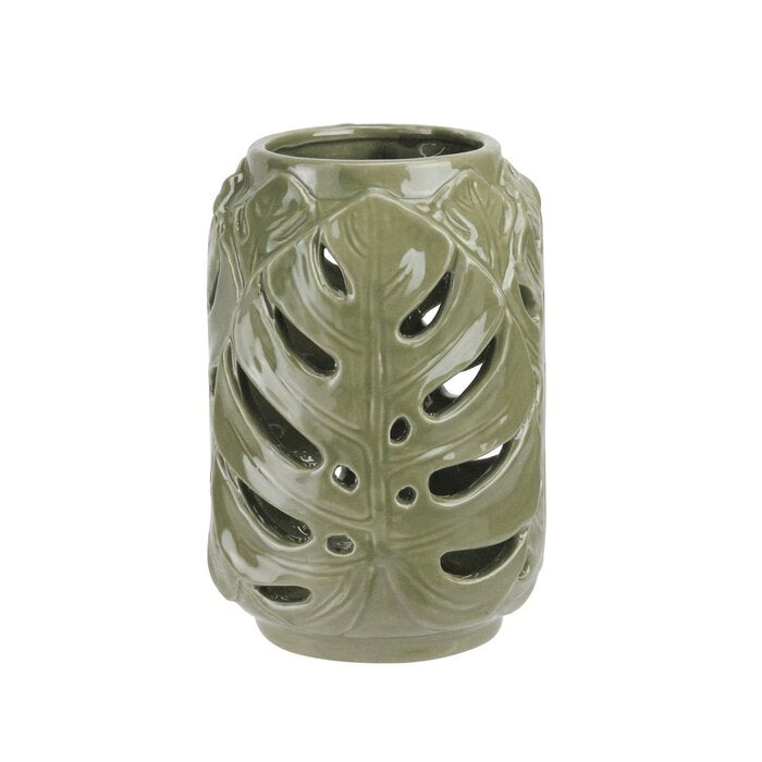 7" Elegant Moss Green Cutout Leaf Ceramic Candle Holder Lantern, (Set of 2)
