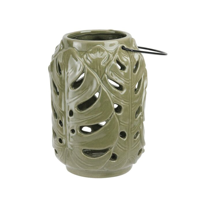 7" Elegant Moss Green Cutout Leaf Ceramic Candle Holder Lantern, (Set of 2)