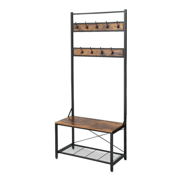 Benjara 12.6" Wood and Metal Frame Hall Tree with 9 Hooks in Brown and Black CA219