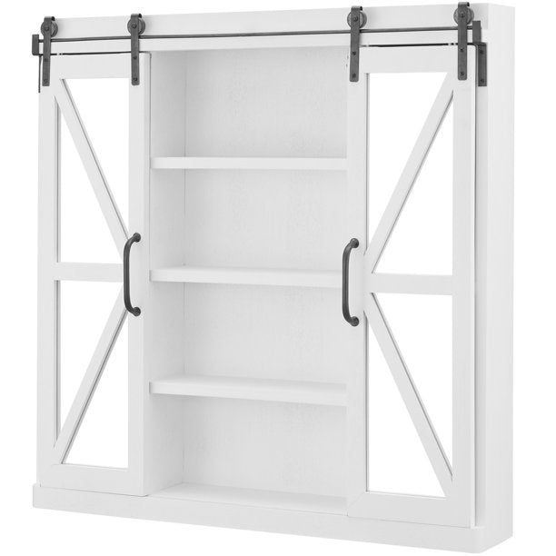 White Westerly Barn Door Mirrored Cabinet, Farmhouse, Painted, Square,Wood, 34 x 5.5 x 33 in