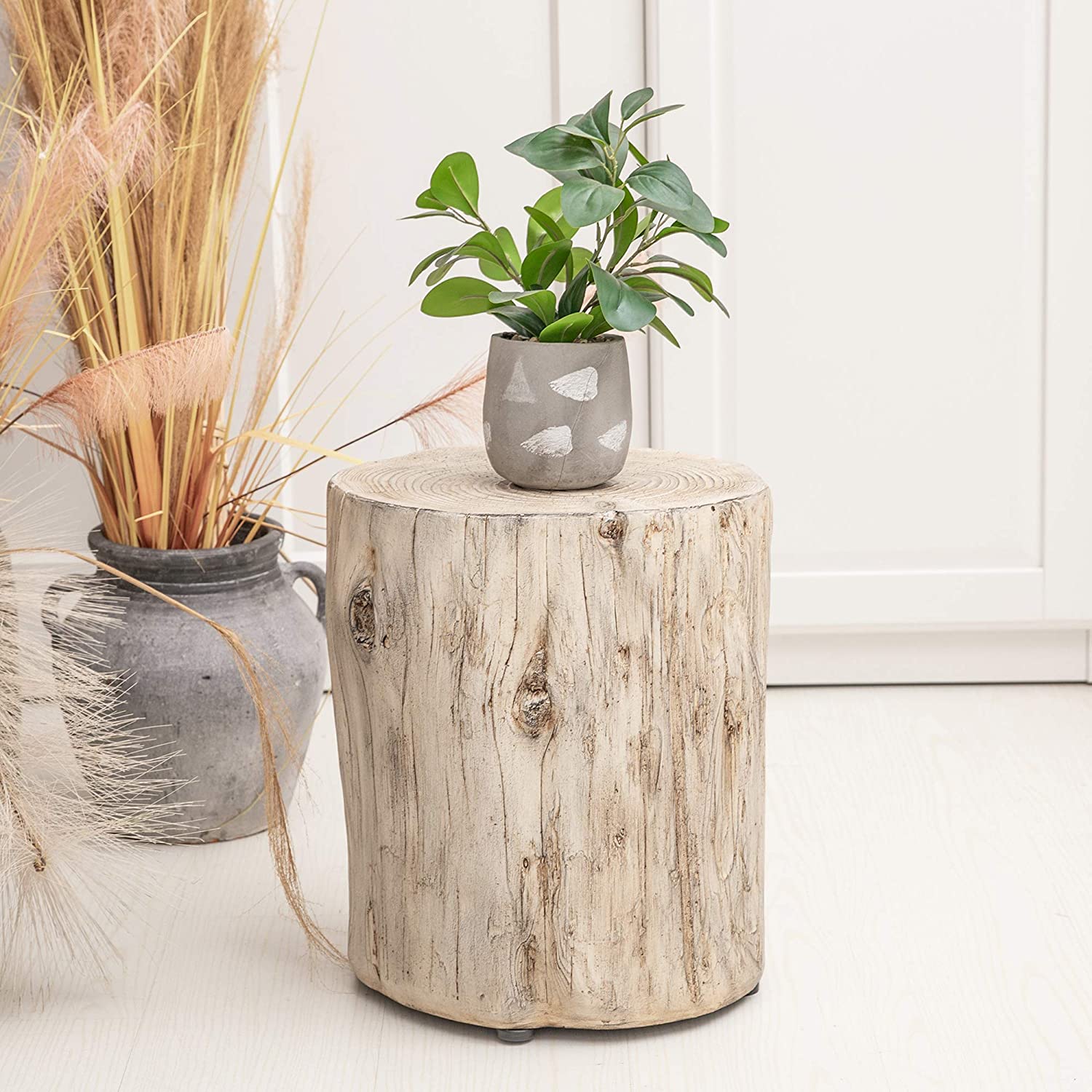 Ball & Cast Faux Wood Stump Stool Accent Table 14.9"Wx13.625"Dx16.54"H Grey White Set of 1