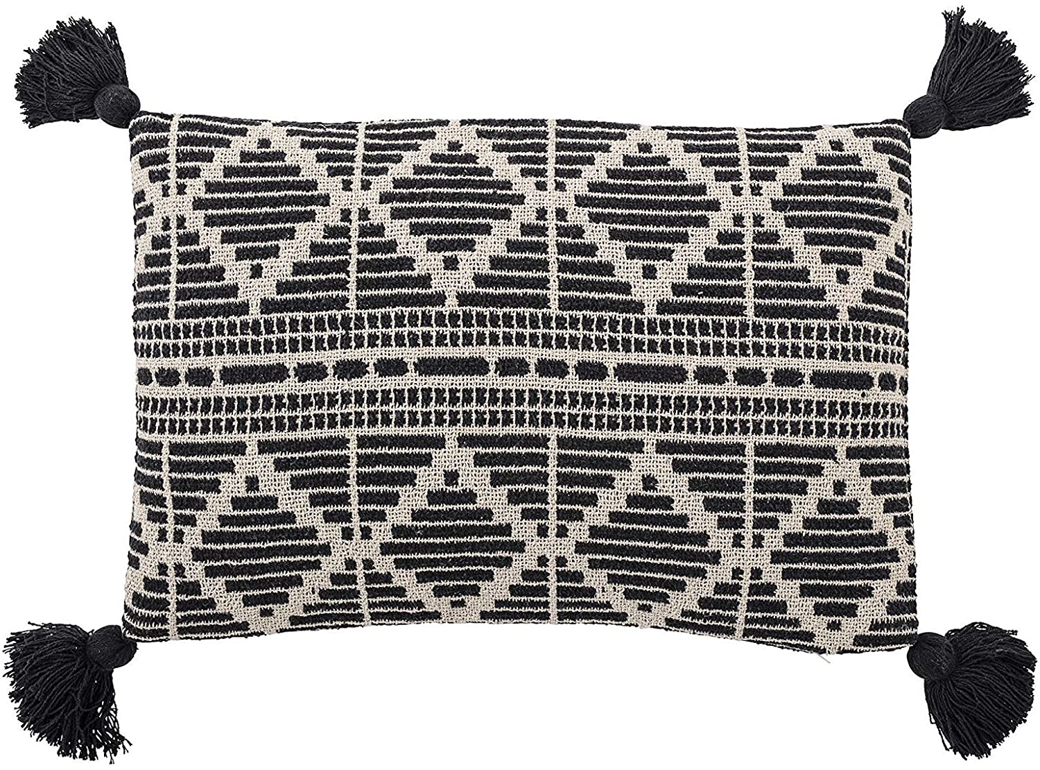 Bloomingville Black and Beige Woven Recycled Cotton Blend Lumbar Tassels Pillow K7262