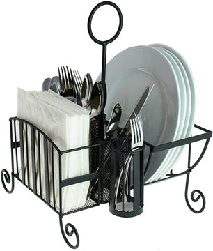 Black Metal Mesh Kitchen, Picnic Buffet Caddy for Utensils, Plates, and Napkins with Handle