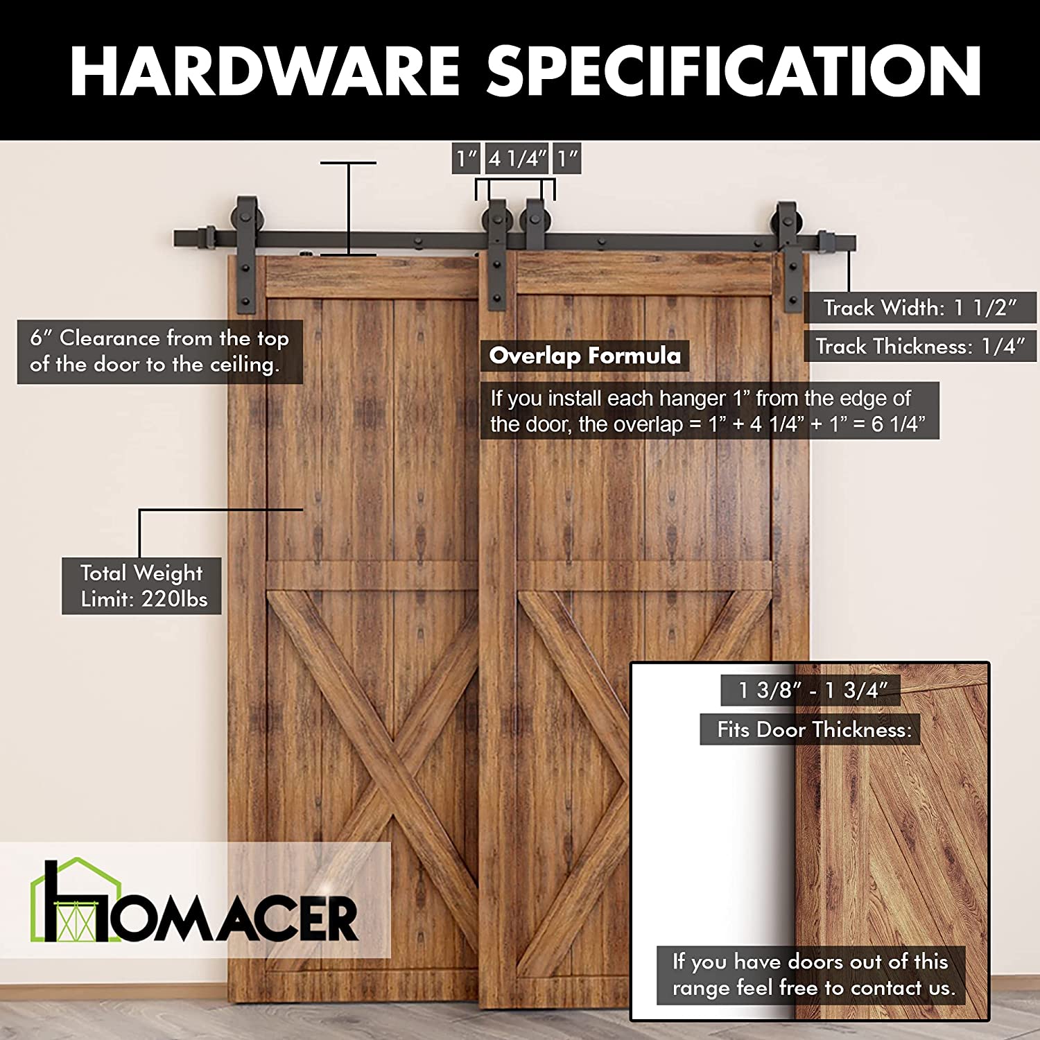 Black Rustic Track Bypass Sliding Barn Door Hardware Kit, for Two/Double Doors, 8ft Long Flat Track, Classic Design Roller, (Set of 2)