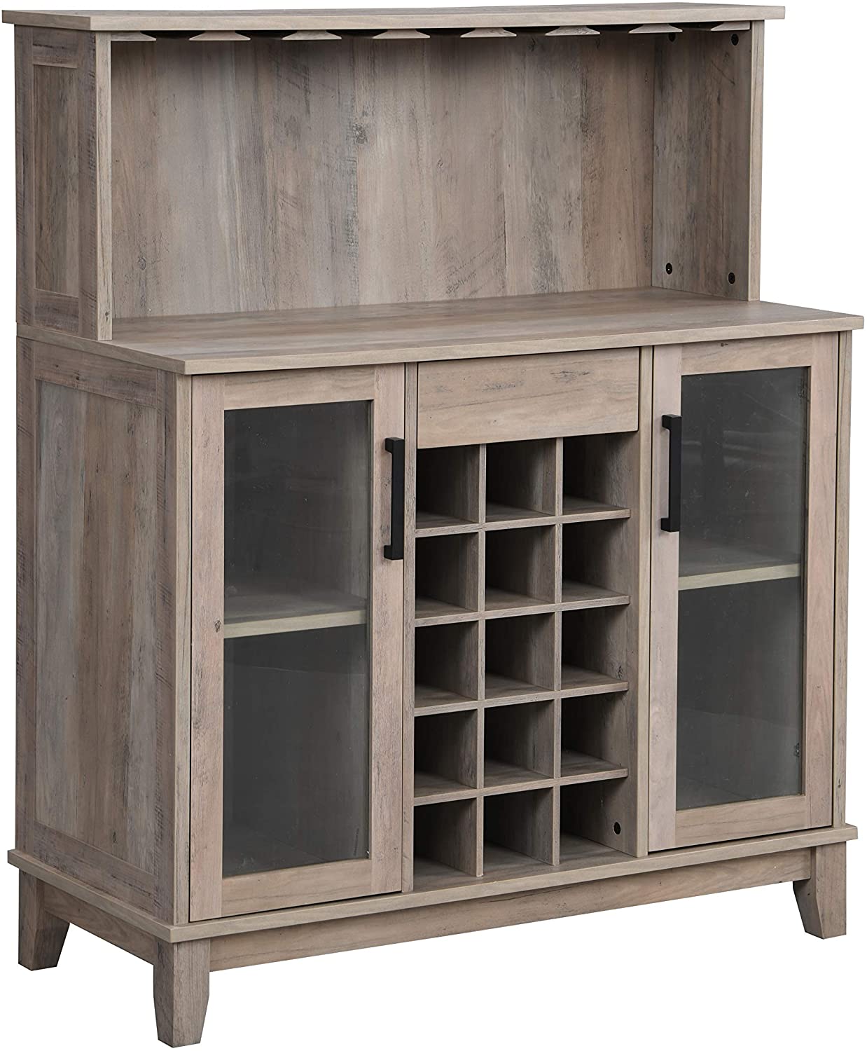 Bar Cabinet with Wine Rack and Glass Doors in Grey Wash Finish