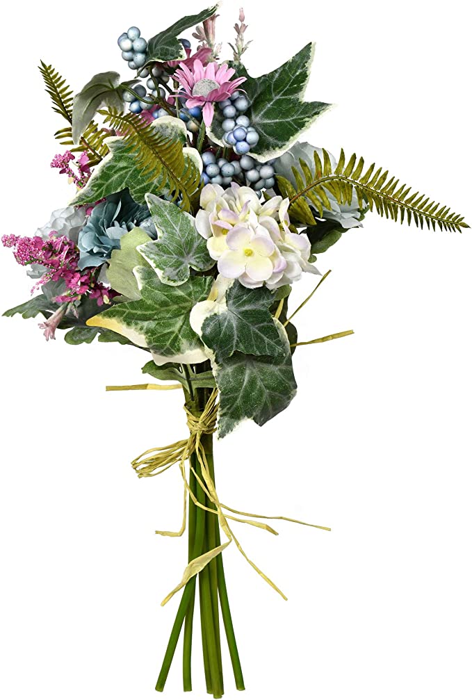 16" Everyday Artificial Rose/Hydrangea Purple Bouquet - Premium Faux Floral Greenery Home Decor - Maintenance Free Flowers